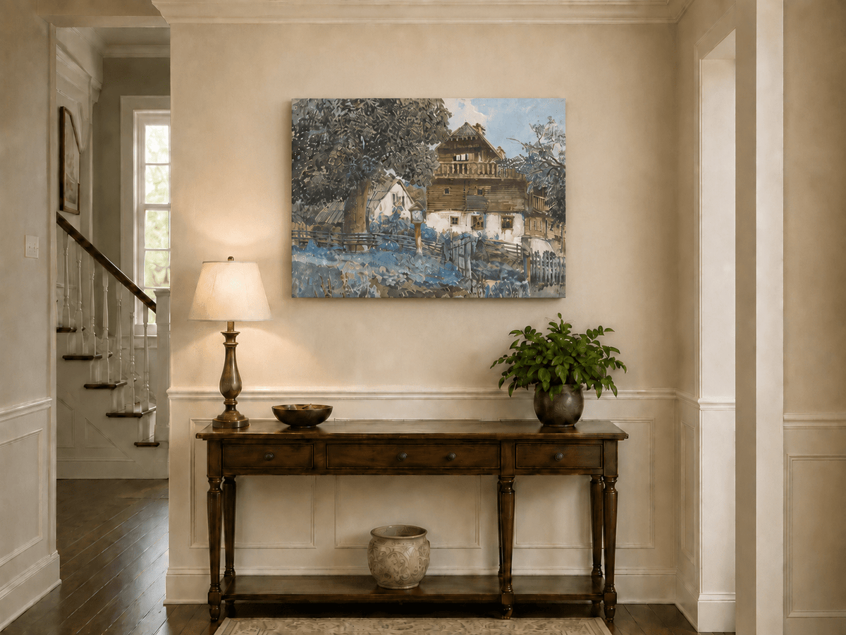 Landscape Oil Painting - Rustic Farmhouse with Garden Fence
