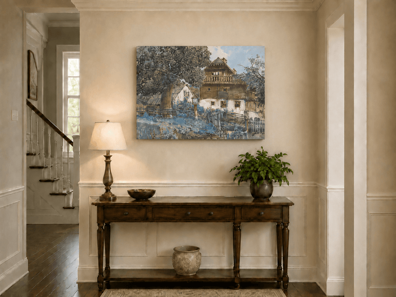 Landscape Oil Painting - Rustic Farmhouse with Garden Fence