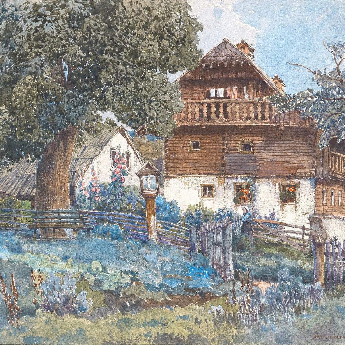 Hand-painted rustic farmhouse with garden fence landscape oil painting on canvas