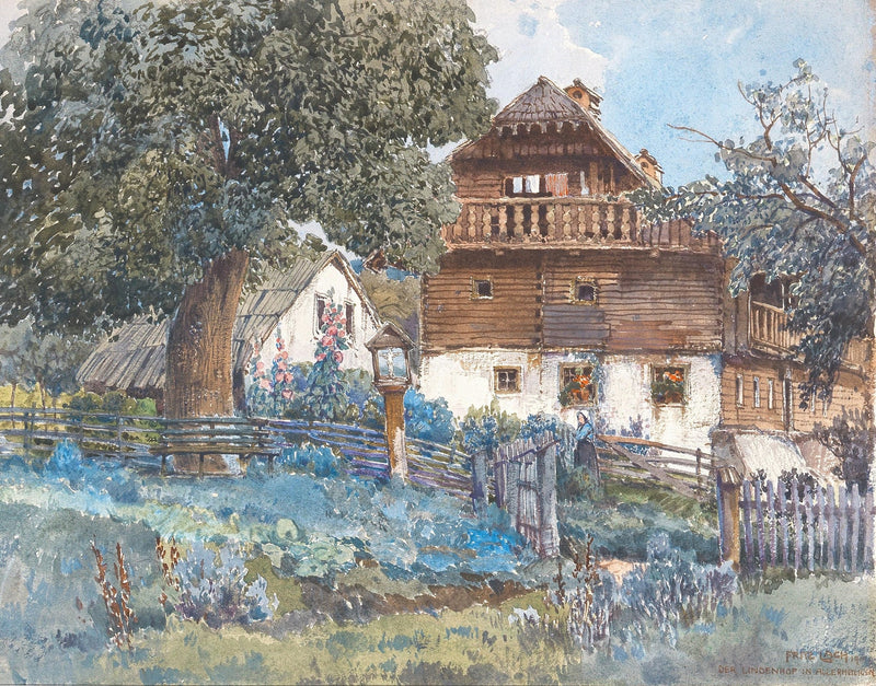 Hand-painted rustic farmhouse with garden fence landscape oil painting on canvas