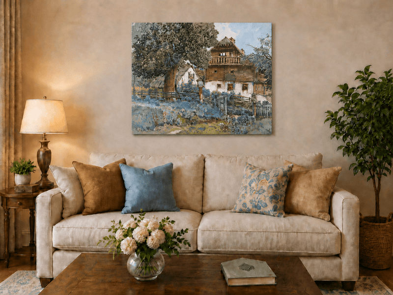 Landscape Oil Painting - Rustic Farmhouse with Garden Fence