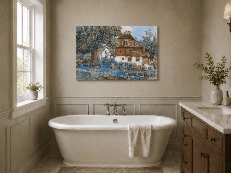 Landscape Oil Painting - Rustic Farmhouse with Garden Fence