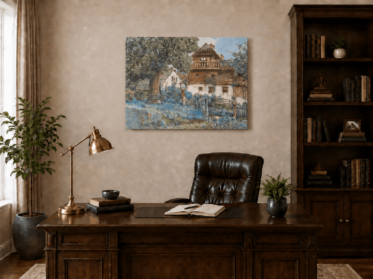 Landscape Oil Painting - Rustic Farmhouse with Garden Fence