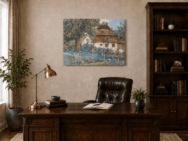 Landscape Oil Painting - Rustic Farmhouse with Garden Fence
