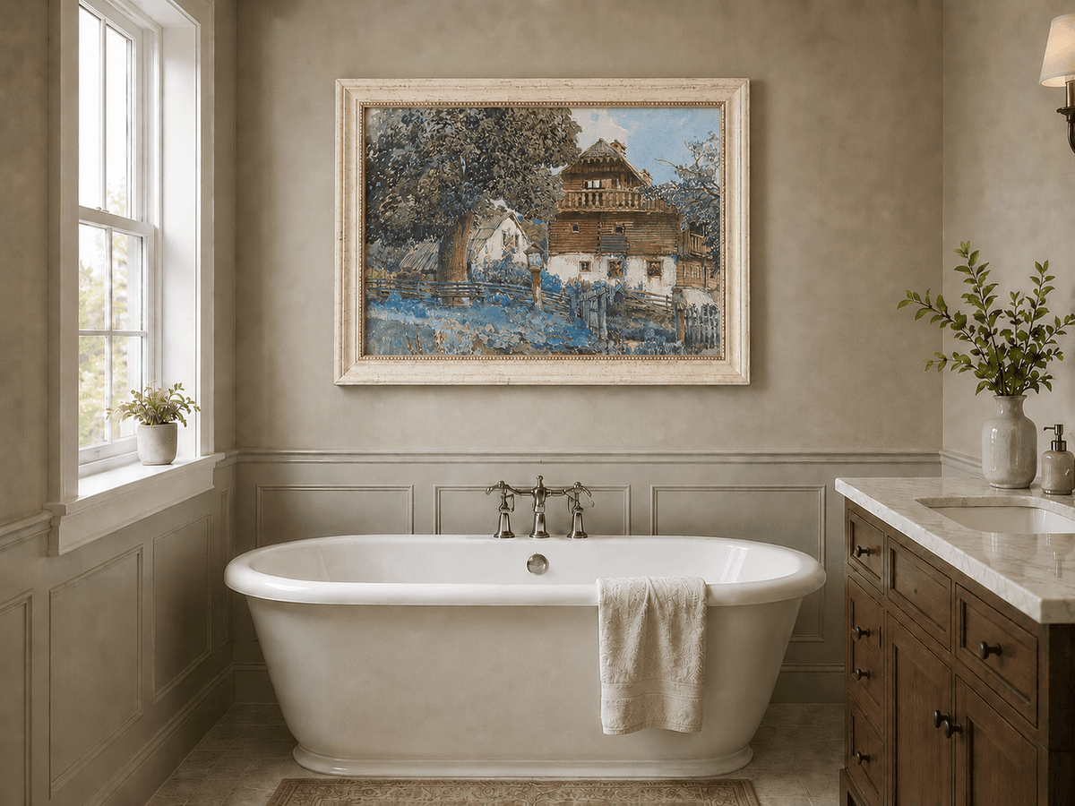 Landscape Oil Painting - Rustic Farmhouse with Garden Fence