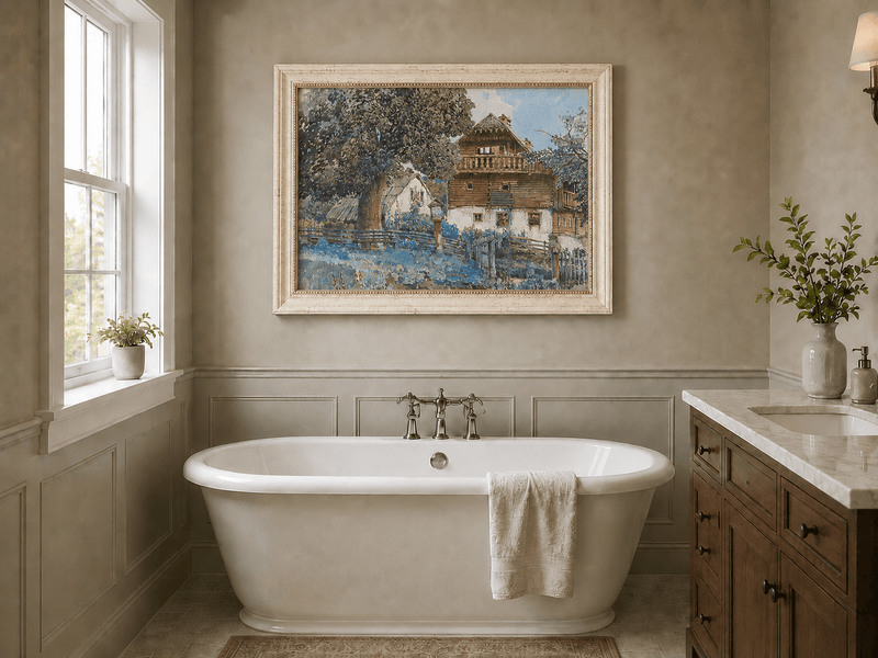 Landscape Oil Painting - Rustic Farmhouse with Garden Fence