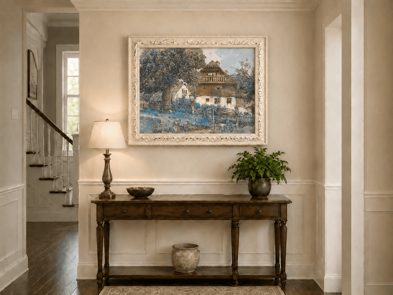 Landscape Oil Painting - Rustic Farmhouse with Garden Fence
