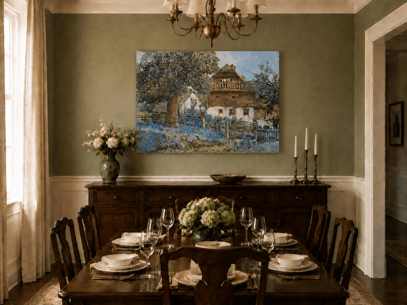 Landscape Oil Painting - Rustic Farmhouse with Garden Fence