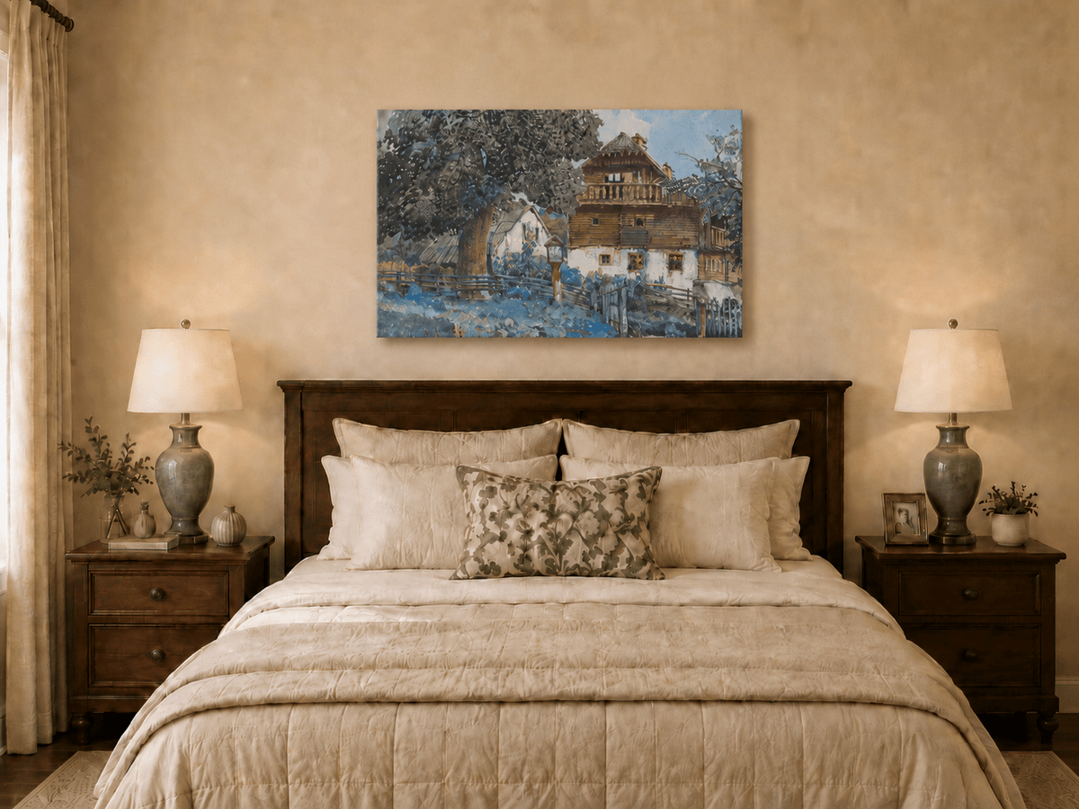 Landscape Oil Painting - Rustic Farmhouse with Garden Fence