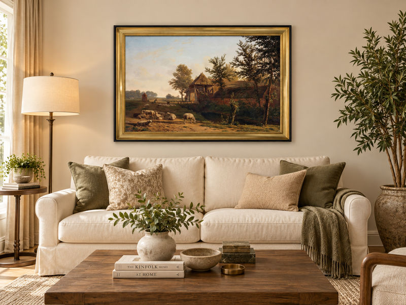 Hand-painted Rustic Farmhouse with Grazing Sheep landscape oil painting displayed as wall art in a styled interior
