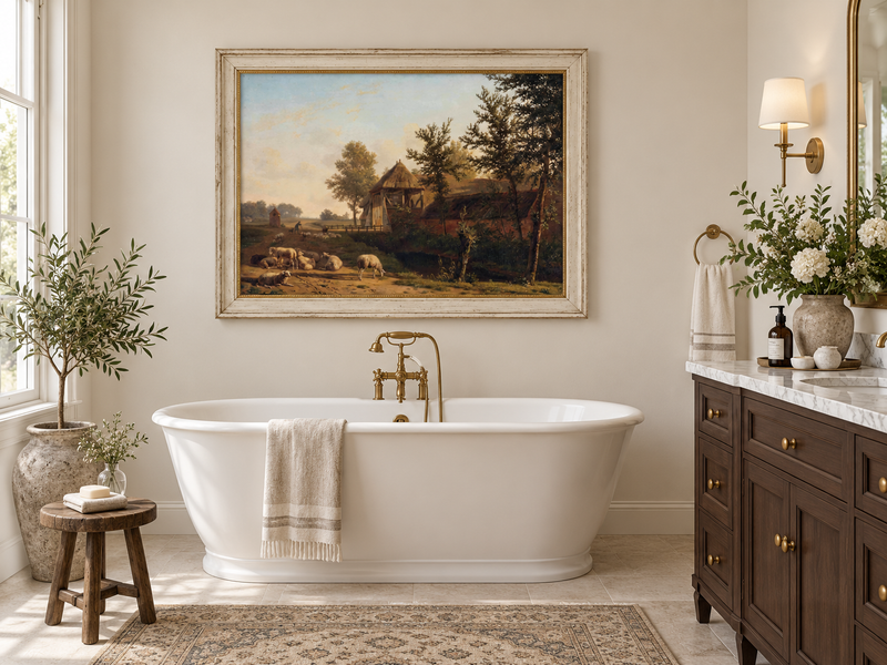 Hand-painted Rustic Farmhouse with Grazing Sheep landscape oil painting displayed as wall art in a styled interior