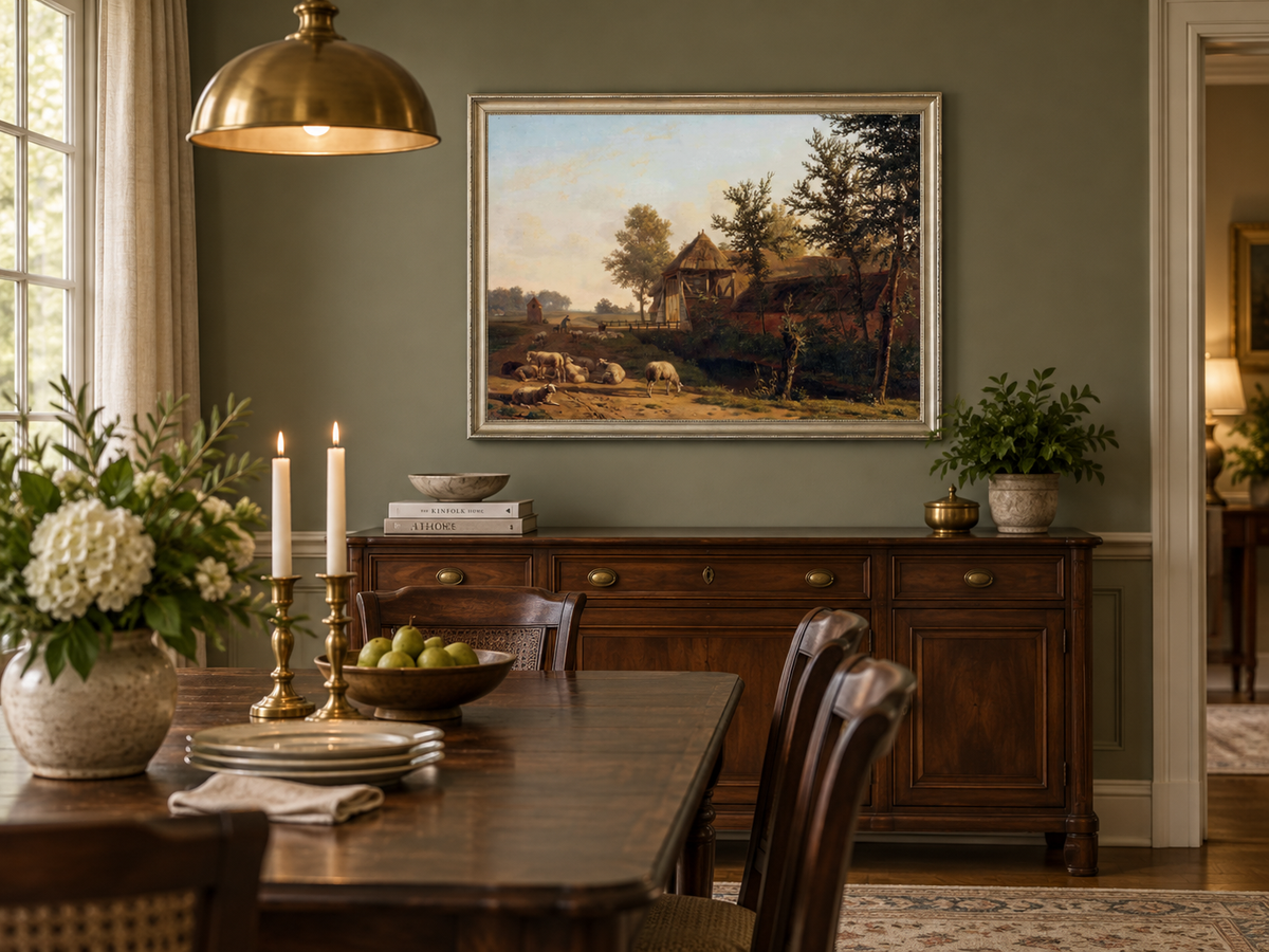 Hand-painted Rustic Farmhouse with Grazing Sheep landscape oil painting displayed as wall art in a styled interior