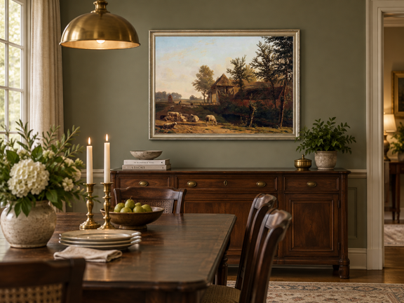 Hand-painted Rustic Farmhouse with Grazing Sheep landscape oil painting displayed as wall art in a styled interior