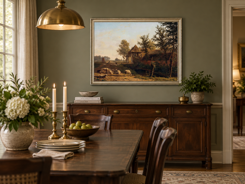 Hand-painted Rustic Farmhouse with Grazing Sheep landscape oil painting displayed as wall art in a styled interior