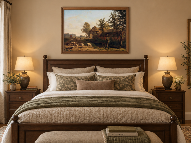 Hand-painted Rustic Farmhouse with Grazing Sheep landscape oil painting displayed as wall art in a styled interior