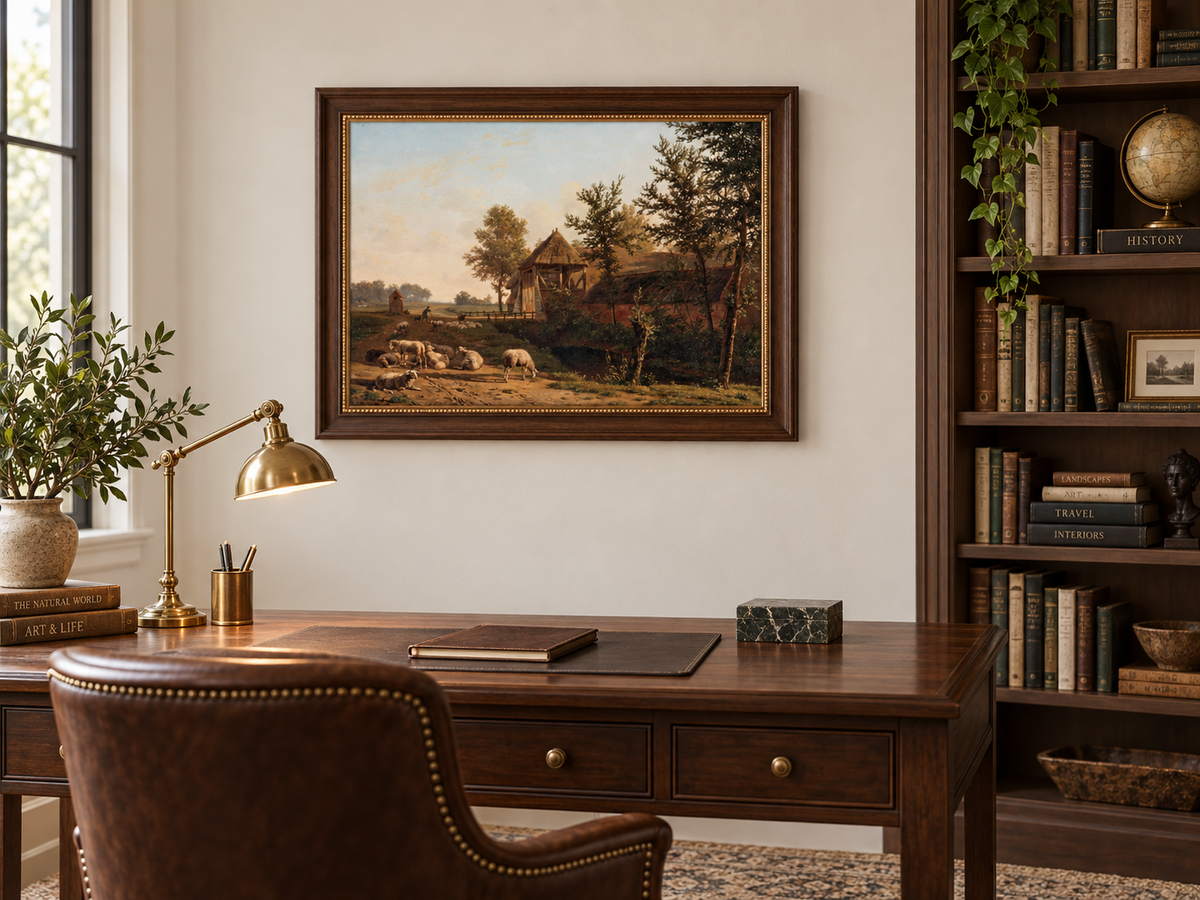 Hand-painted Rustic Farmhouse with Grazing Sheep landscape oil painting displayed as wall art in a styled interior