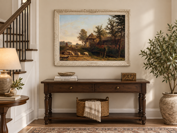 Hand-painted Rustic Farmhouse with Grazing Sheep landscape oil painting displayed as wall art in a styled interior