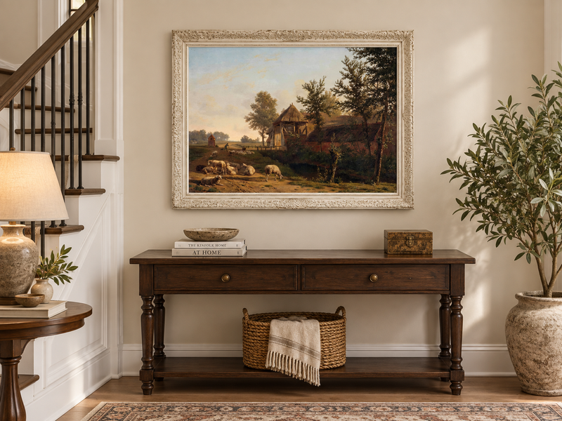 Hand-painted Rustic Farmhouse with Grazing Sheep landscape oil painting displayed as wall art in a styled interior