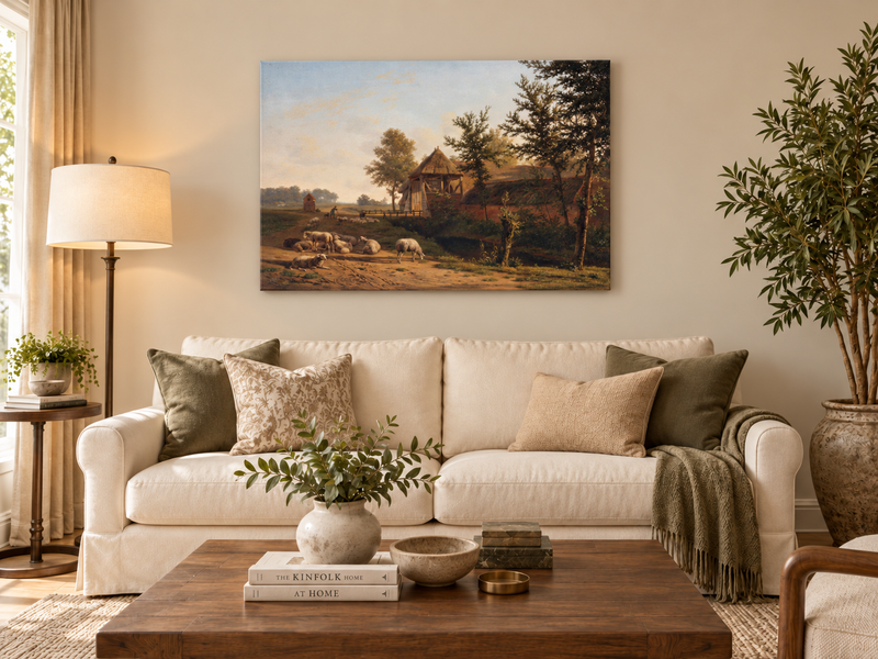 Hand-painted Rustic Farmhouse with Grazing Sheep landscape oil painting displayed as wall art in a styled interior