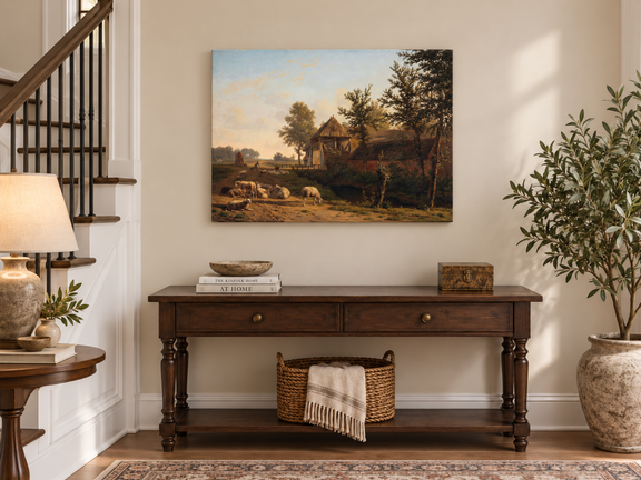 Hand-painted Rustic Farmhouse with Grazing Sheep landscape oil painting displayed as wall art in a styled interior