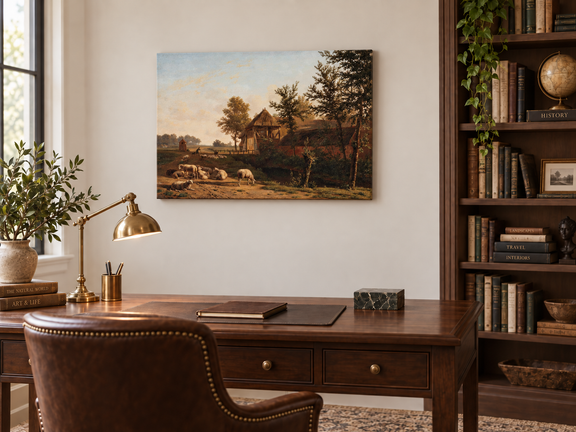 Hand-painted Rustic Farmhouse with Grazing Sheep landscape oil painting displayed as wall art in a styled interior