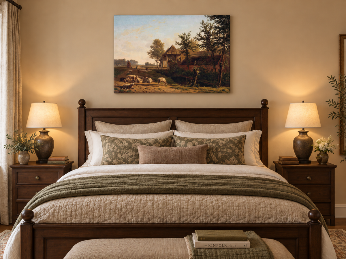 Hand-painted Rustic Farmhouse with Grazing Sheep landscape oil painting displayed as wall art in a styled interior