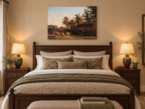 Hand-painted Rustic Farmhouse with Grazing Sheep landscape oil painting displayed as wall art in a styled interior