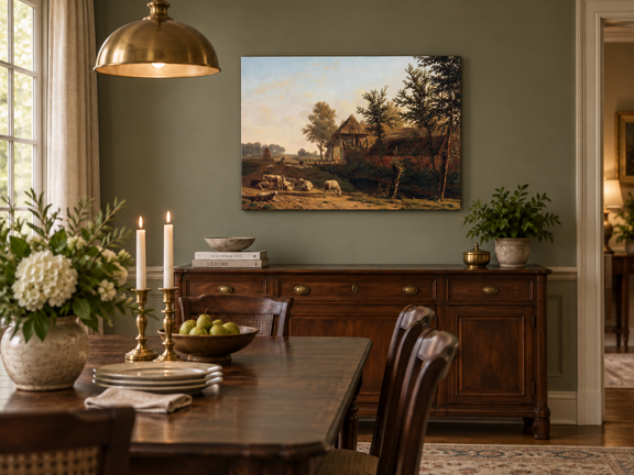 Hand-painted Rustic Farmhouse with Grazing Sheep landscape oil painting displayed as wall art in a styled interior