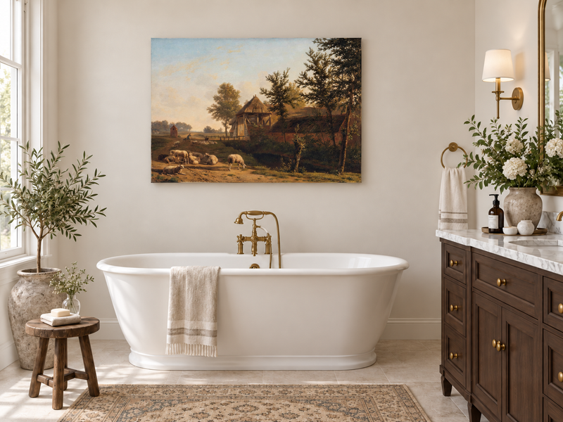 Hand-painted Rustic Farmhouse with Grazing Sheep landscape oil painting displayed as wall art in a styled interior