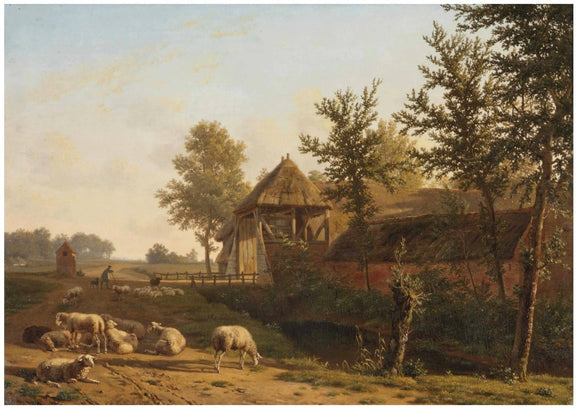 Hand-painted rustic farmhouse with grazing sheep landscape oil painting on canvas
