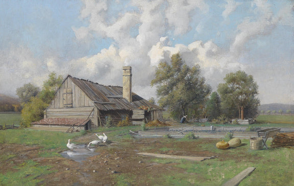 Landscape Oil Painting - Rustic Farmhouse,Ducks, Pumpkins & Country Yard - Oil Painting Haven