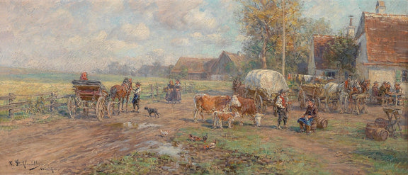 Hand-painted rustic farmyard with wagons and cattle landscape oil painting on canvas