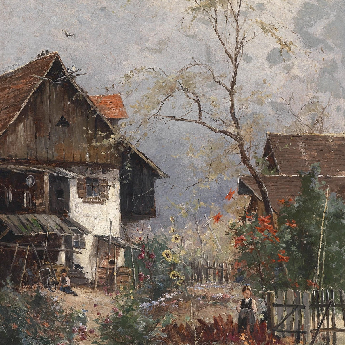 Hand-painted rustic garden cottage with spring flowers landscape oil painting on canvas