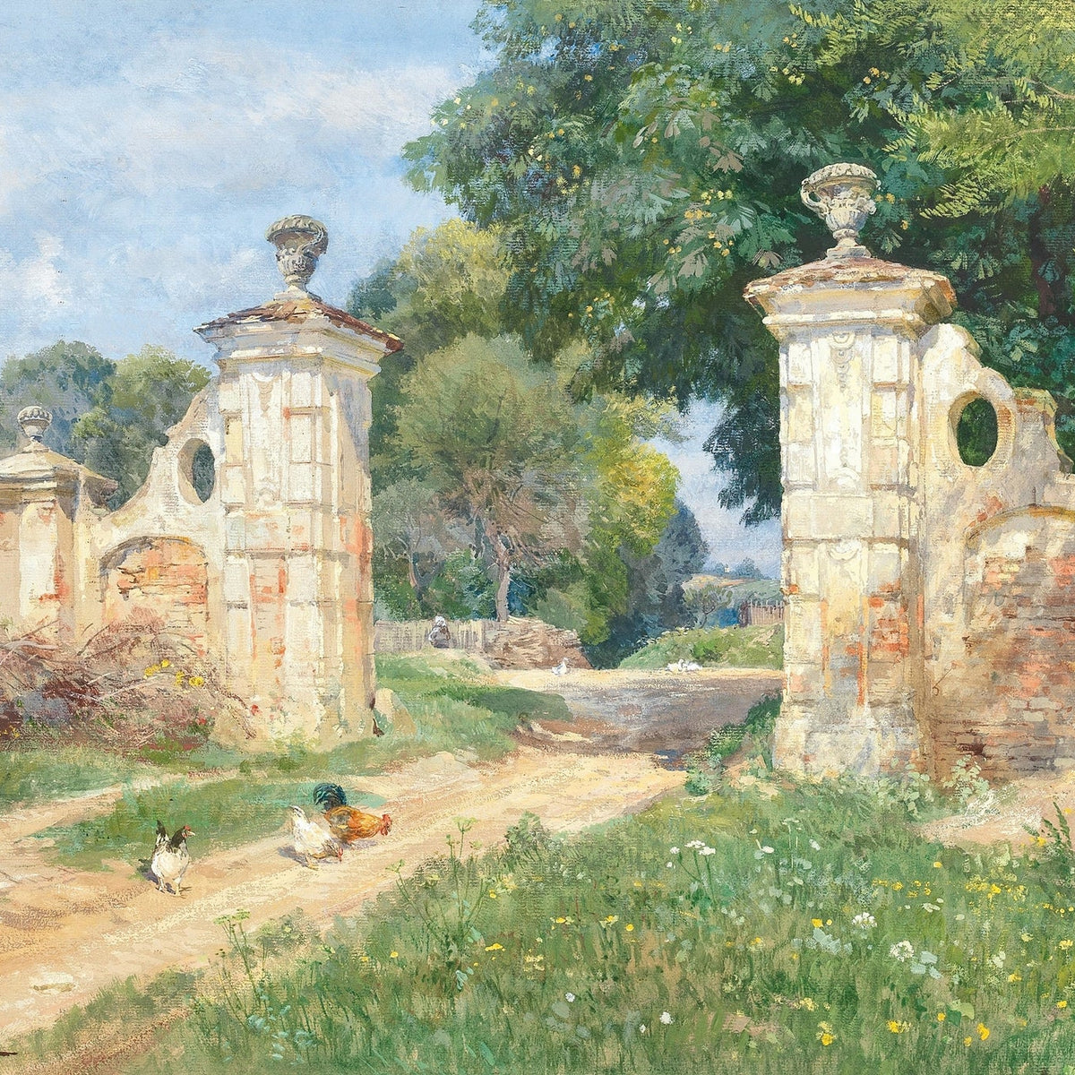 Landscape Oil Painting - Rustic Garden Gate and Country Lane - Oil Painting Haven