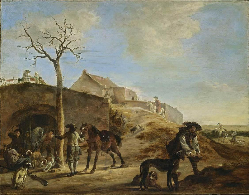 Hand-painted rustic hunt scene with horses and hounds landscape oil painting on canvas