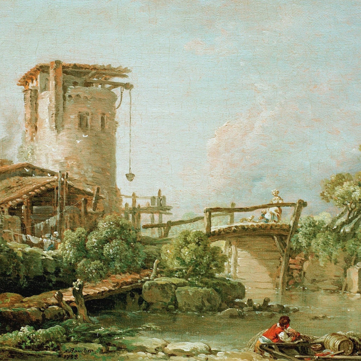 Landscape Oil Painting - Rustic Mill and Bridge by River - Oil Painting Haven