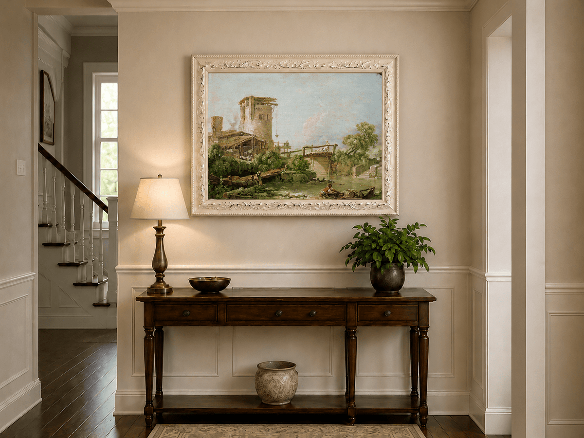 Landscape Oil Painting - Rustic Mill and Bridge by River