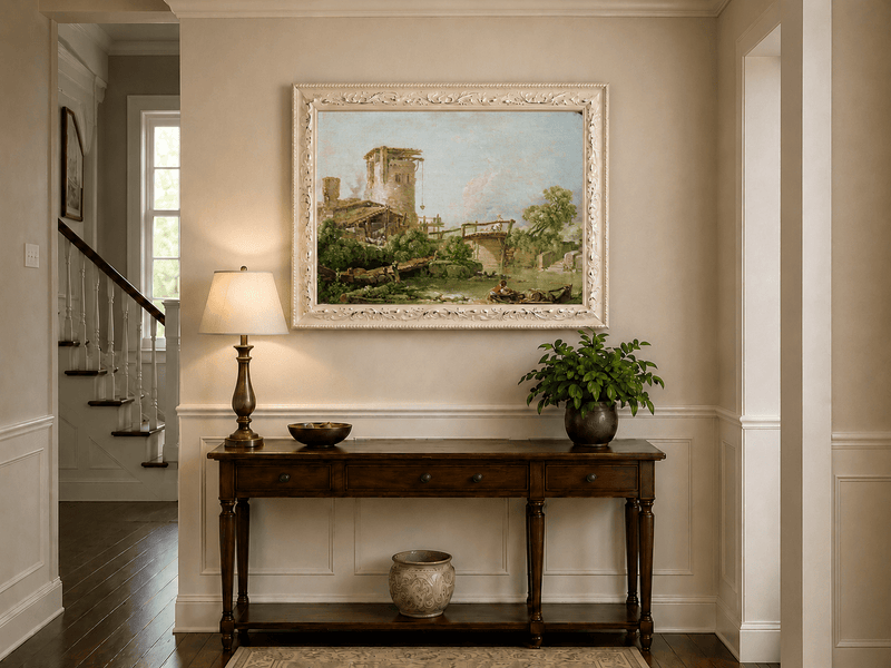 Landscape Oil Painting - Rustic Mill and Bridge by River