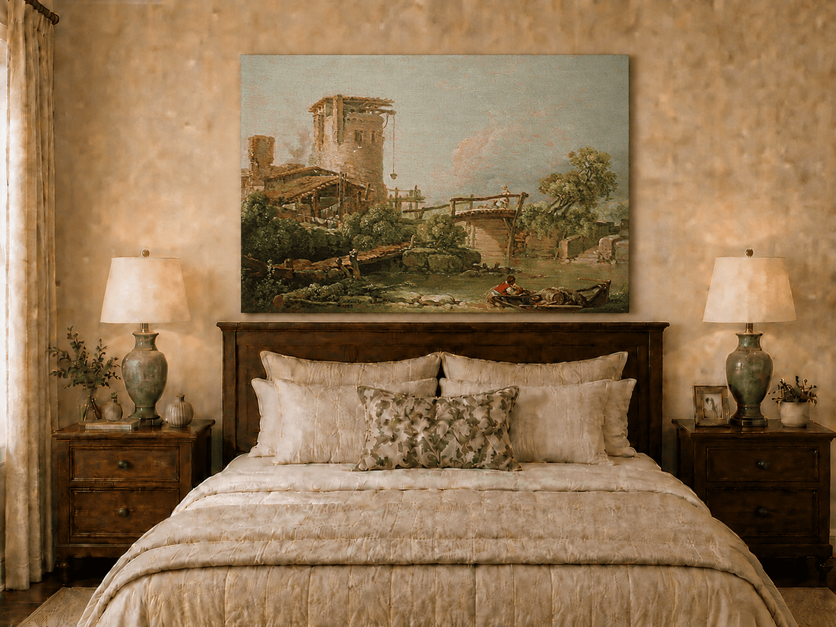 Landscape Oil Painting - Rustic Mill and Bridge by River