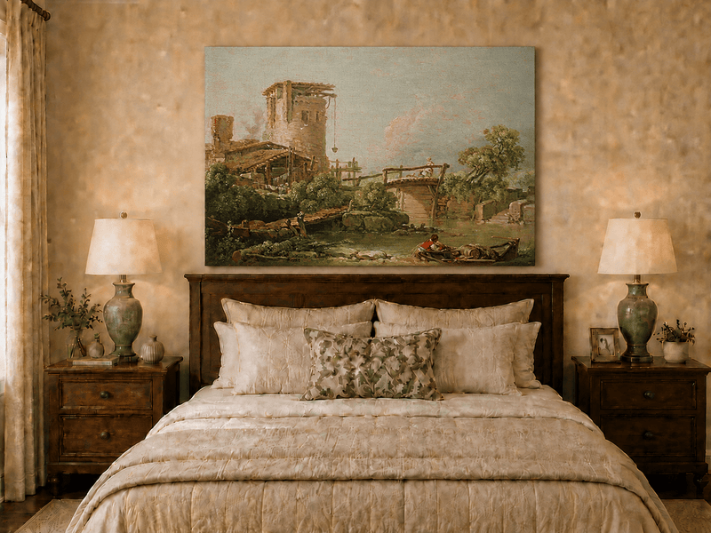 Landscape Oil Painting - Rustic Mill and Bridge by River