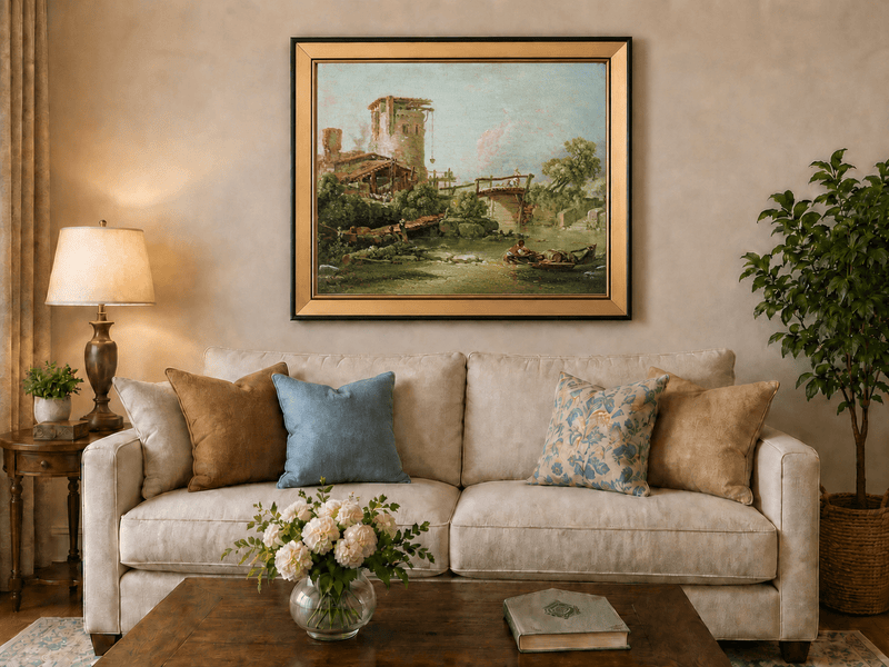 Landscape Oil Painting - Rustic Mill and Bridge by River