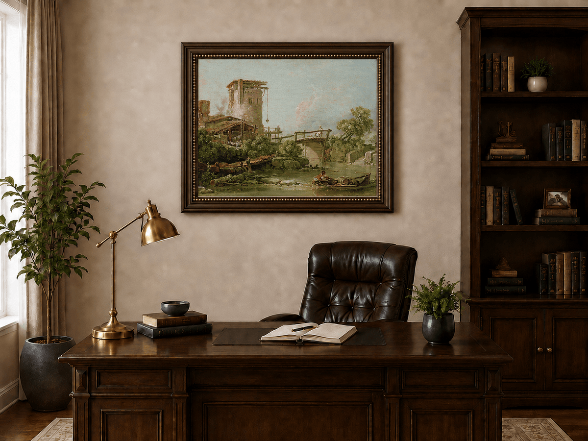 Landscape Oil Painting - Rustic Mill and Bridge by River