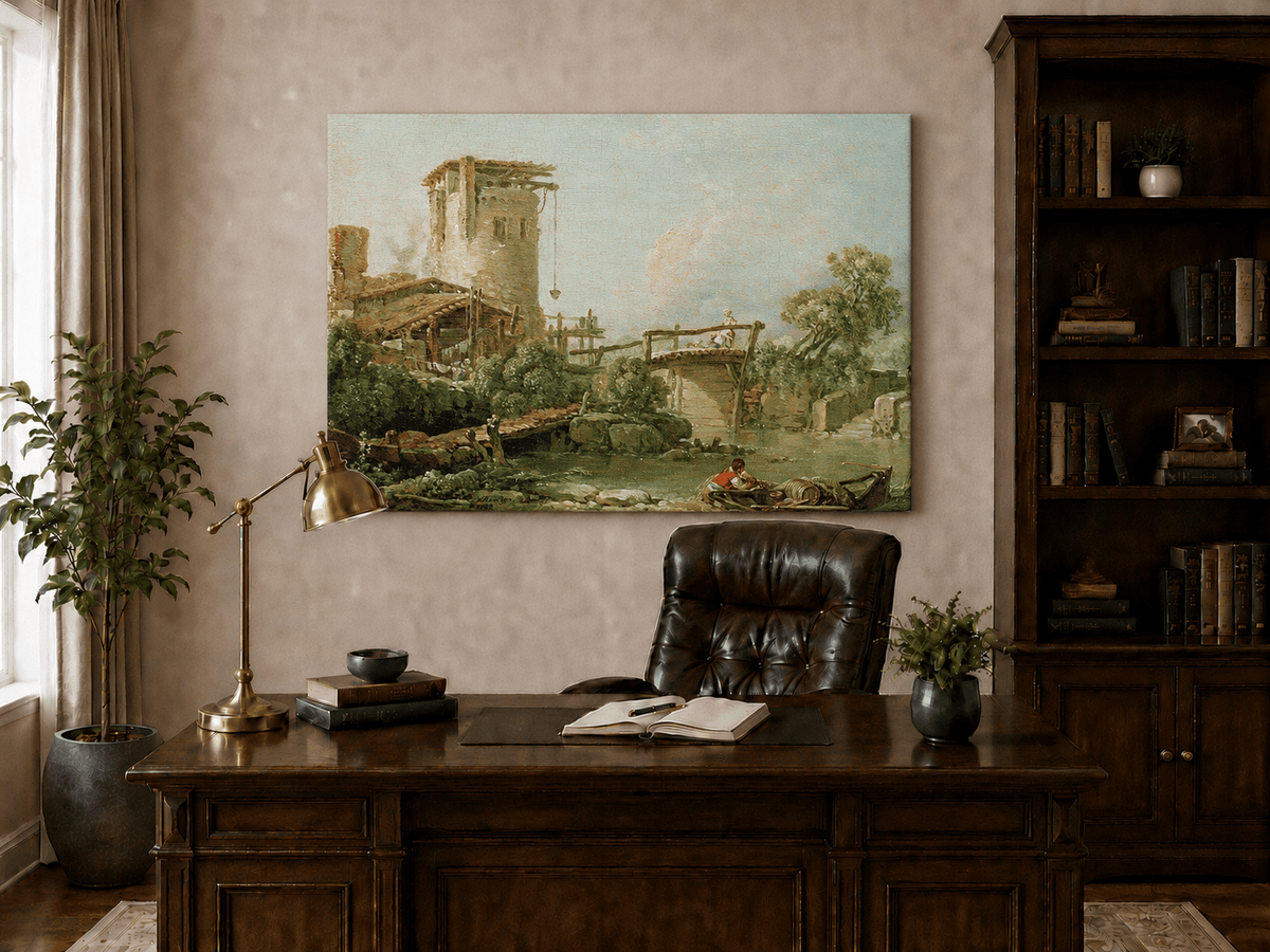 Landscape Oil Painting - Rustic Mill and Bridge by River