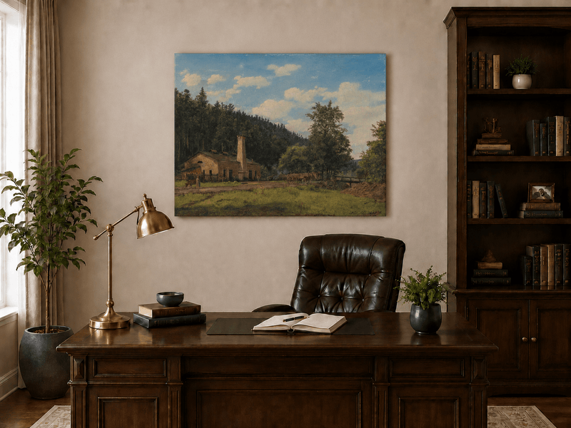 Landscape Oil Painting - Rustic Mill House by Forest Meadow