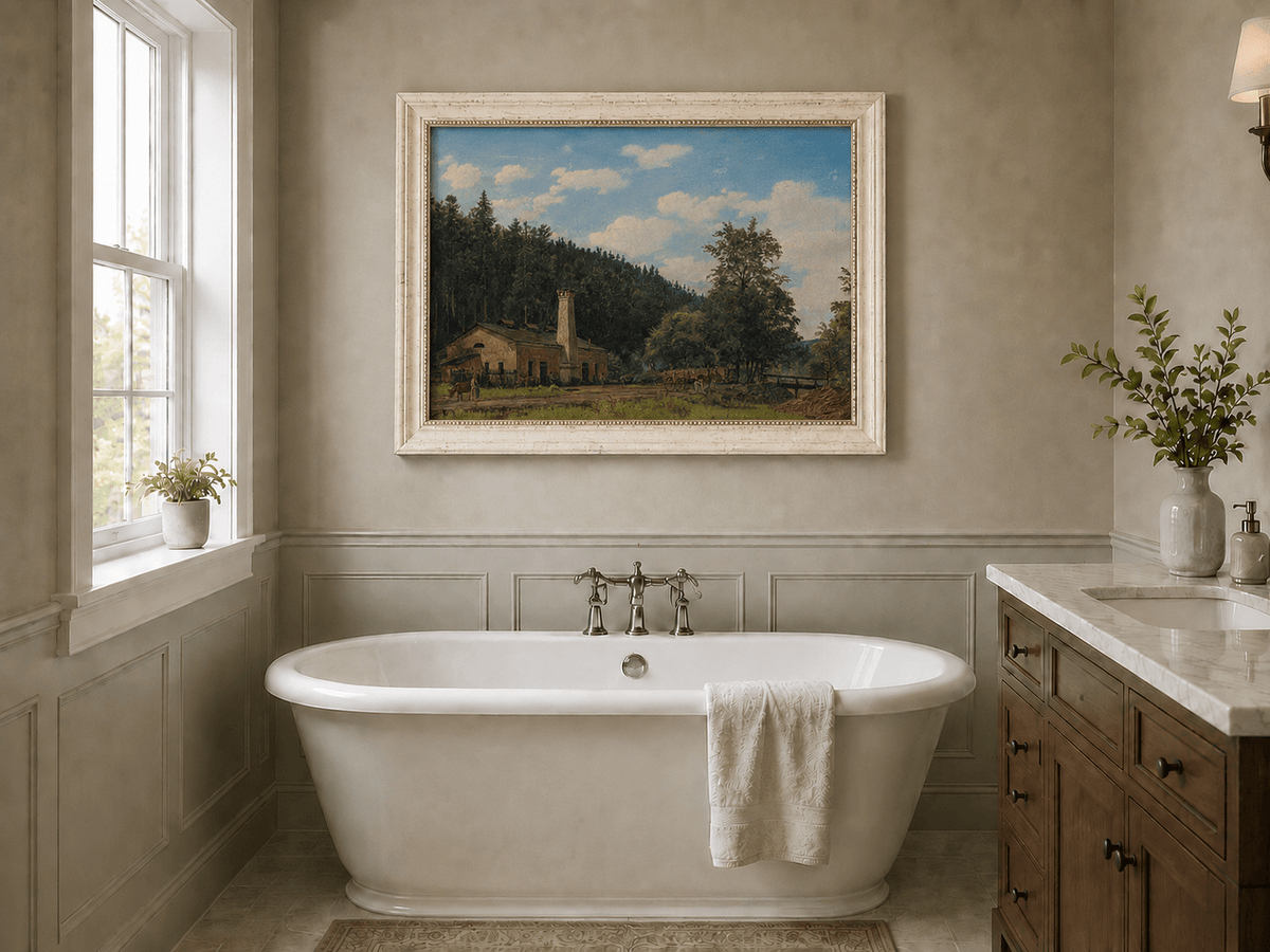 Landscape Oil Painting - Rustic Mill House by Forest Meadow