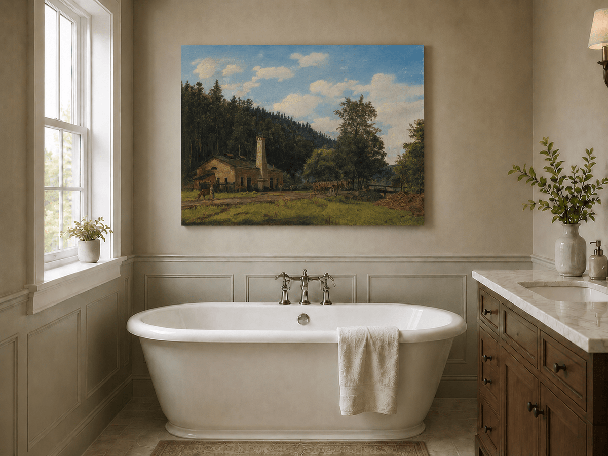 Landscape Oil Painting - Rustic Mill House by Forest Meadow