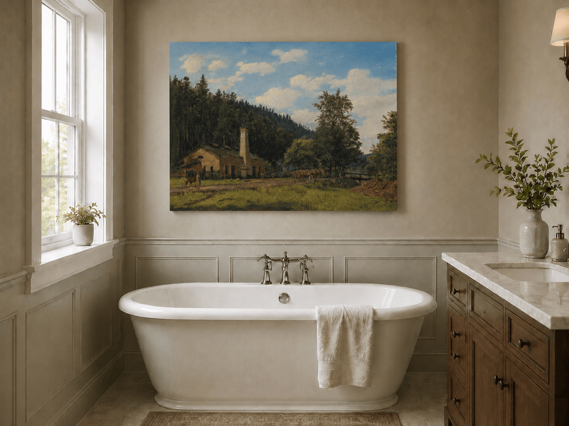 Landscape Oil Painting - Rustic Mill House by Forest Meadow