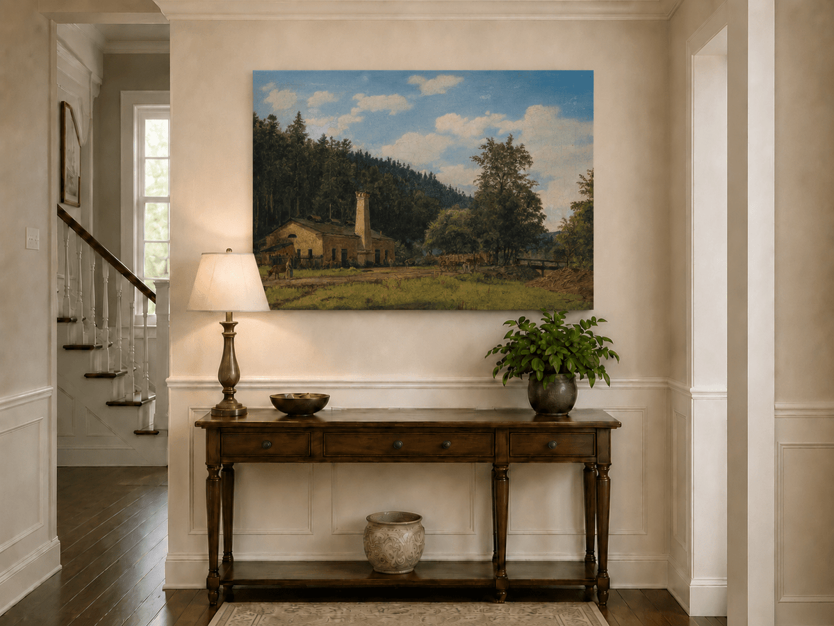 Landscape Oil Painting - Rustic Mill House by Forest Meadow