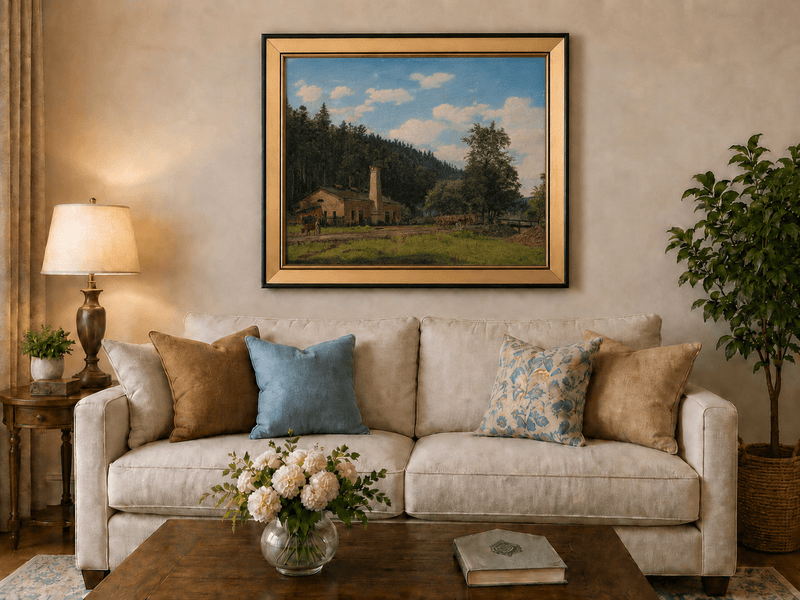 Landscape Oil Painting - Rustic Mill House by Forest Meadow