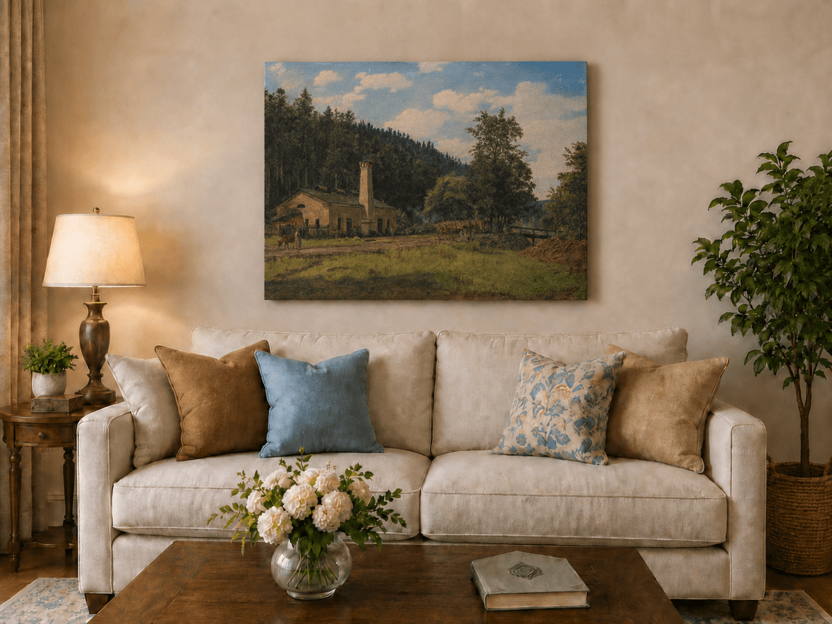 Landscape Oil Painting - Rustic Mill House by Forest Meadow